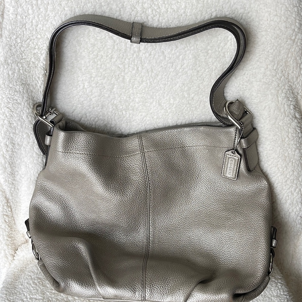 Coach leather silver metallic hobo bag.